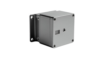 Industrial Enclosure: A close-up view showcases a metallic industrial enclosure, meticulously designed with clean lines, a subtle finish, and functional components.