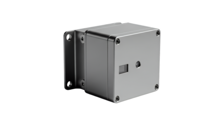 Industrial Enclosure: A close-up view showcases a metallic industrial enclosure, meticulously designed with clean lines, a subtle finish, and functional components.