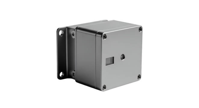 Industrial Enclosure: A close-up view showcases a metallic industrial enclosure, meticulously designed with clean lines, a subtle finish, and functional components.