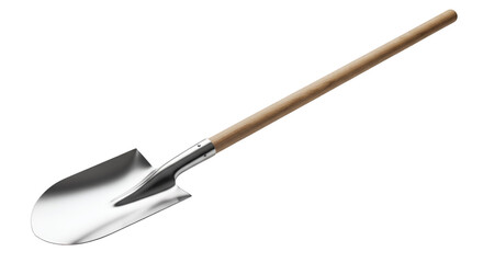 Shining Shovel: A polished, gleaming shovel with a wooden handle is presented in a clean, well-lit environment, ready for a day's work in the garden or construction site.