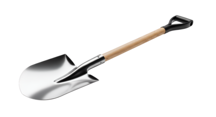 Shovel: A gleaming, sharp-edged shovel stands poised, ready for digging. The polished metal reflects the light, while the wooden handle provides a firm grip.