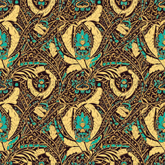 Ornate floral pattern featuring teal accents and golden foliage on dark background, patern seamless, royalty stock.