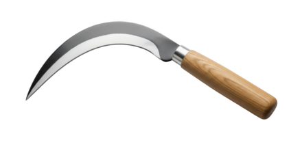 Sharp Sickle: An isolated close-up of a gleaming, razor-sharp sickle, a traditional agricultural tool with a curved blade and wooden handle. This tool is ideal for harvesting crops.