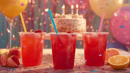 Festive Birthday Celebration with Refreshing Strawberry Drinks and Decorations