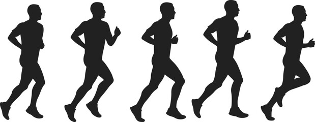 Running man silhouette, jogger exercising, athlete in motion, fitness training concept, sports activity illustration, healthy lifestyle, black silhouette vector