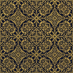 Ornate gold and navy pattern featuring intricate floral and geometric elements, patern seamless, Stock royalty free.