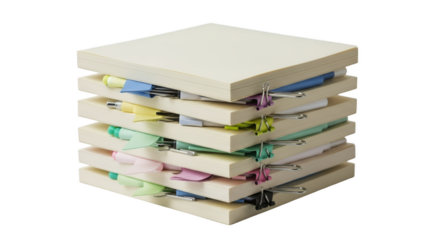 Organized Stack of Sticky Notes: An organized stack of pastel-colored sticky notes is meticulously arranged, held together with clips, offering a clean, efficient display of communication.