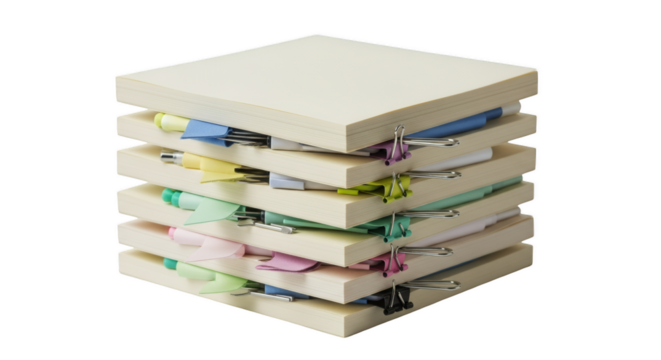 Organized Stack of Sticky Notes: An organized stack of pastel-colored sticky notes is meticulously arranged, held together with clips, offering a clean, efficient display of communication.