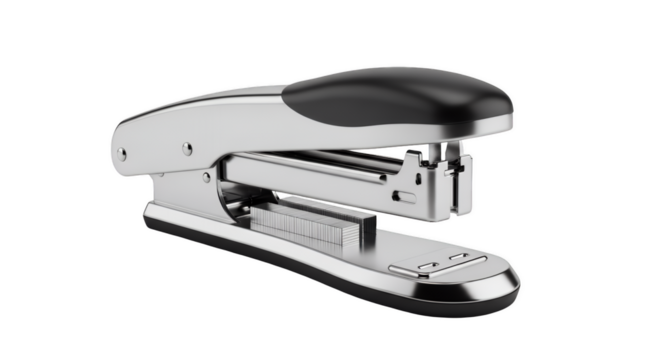 Metallic Stapler: A shiny metallic stapler rests, exuding minimalist design, a staple for office and home tasks, ready to bind papers with precision. 