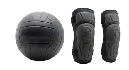 SPORT - Black volleyball with matching protective knee pads isolated on white background, perfect for sports training and volleyball games