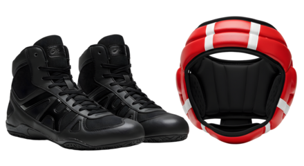 SPORT - Black wrestling shoes with red and white wrestling headgear isolated on black background, perfect for sports training and wrestling competitions