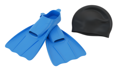 SPORT - Blue swim fins and black swim cap isolated on white background, ideal for swimming practice and water sports