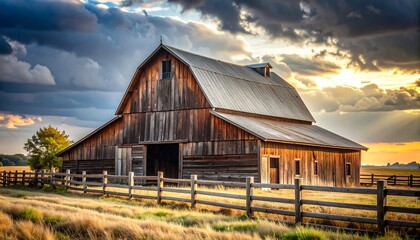 Rustic Barn at Sunset with Dramatic Sky in Rural Setting