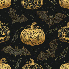 Ornate golden Halloween pattern with pumpkins and bats on a dark background, patern seamless, royalty stock.