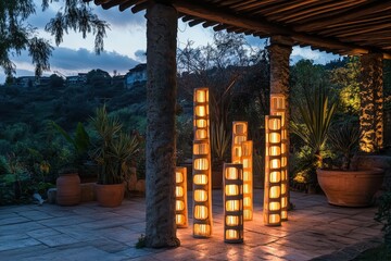 A couple of tall lamps sitting on a patio