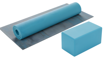 SPORT - Blue yoga mat and yoga block for exercise and fitness workouts on white background, perfect for home or studio practice