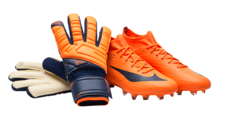 SPORT - Bright orange soccer cleats with goalkeeper gloves isolated on white background, perfect for football training and matches