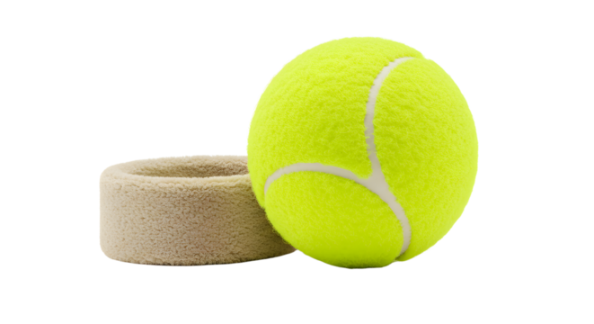 SPORT - Close up of a bright yellow tennis ball and beige wristband isolated on white background, perfect for sports and fitness themes