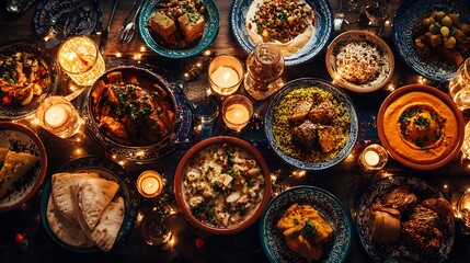 Overhead shot of middle eastern cuisine with candles and warm lighting