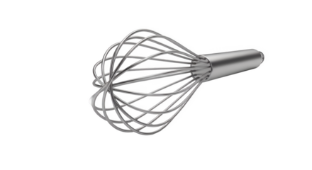 Whisk: A close-up studio shot of a brand new kitchen whisk, showcasing its intricate design and metallic gleam, symbolising culinary precision.