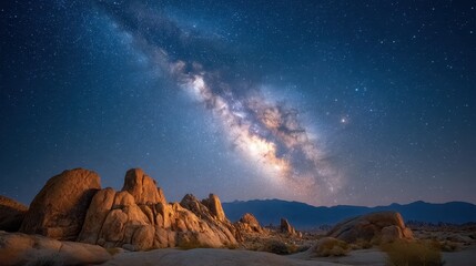 Obraz premium Majestic Night Sky Over Rocky Landscape with Milky Way Galaxy Illuminating Desert Terrain and Stars in Clear Darkness