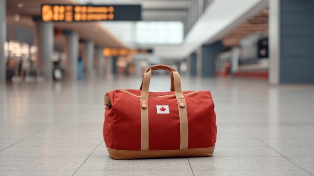 Stylish red travel bag with cream handles and Canadian flag logo placed on the floor of a modern airport terminal empty of travelers and luggage