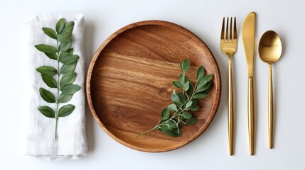 Elegant table setting with wooden plate, gold cutlery and green leaf accents. Minimalist Thanksgiving Table Decor