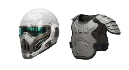 SPORT - Futuristic white sci-fi helmet and tactical armored chest plate with shoulder guard, high-tech equipment for cosplay or gaming