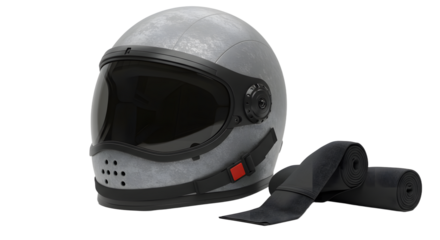 SPORT - Gray motorcycle helmet with tinted visor and black wrist wraps isolated on white background, perfect for motorcycle safety and riding enthusiasts