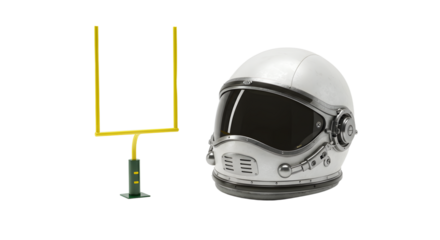 SPORT - American football goal post and astronaut helmet isolated on white background, sports and space gear concept