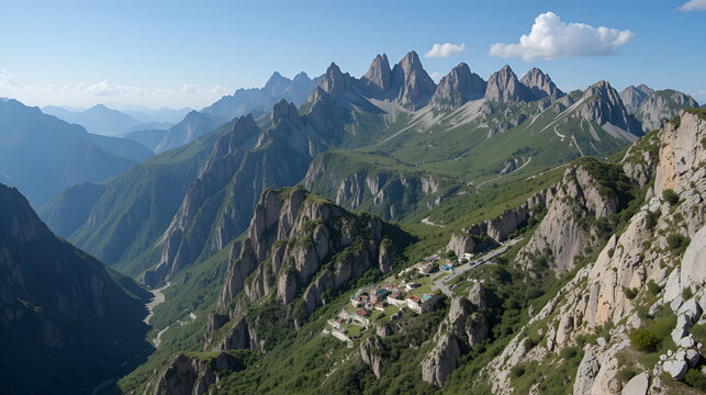 Majestic aerial pan left shot of the Sibillini Mountains as seen from Pioraco, an overview of their minutely green-topped crests with rocky stumps surrounding a deep gorge with human settlements