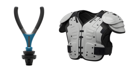 SPORT - American football shoulder pads and mouthguard equipment isolated on white background, perfect for sports safety and training