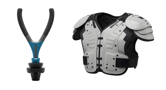 SPORT - American football shoulder pads and mouthguard equipment isolated on white background, perfect for sports safety and training