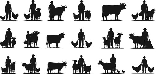 Silhouettes of farmer with livestock and poultry, cow goat chicken farm animals, rural agriculture life, farming scene illustration set.