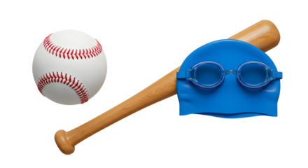 SPORT - Baseball bat and ball with blue swimming cap and goggles isolated on white background, perfect for sports and summer activities