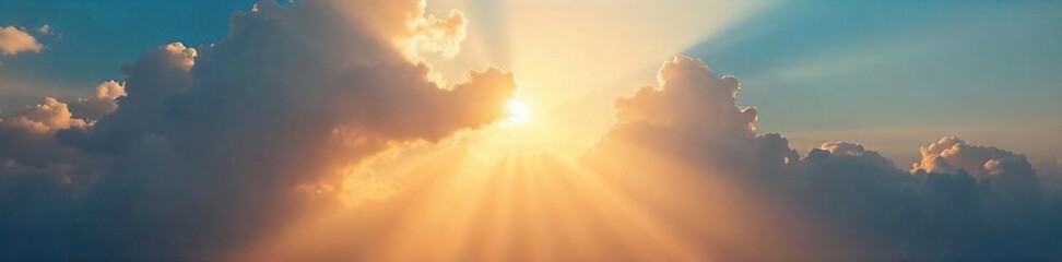 Golden sunbeams piercing through gaps in fluffy clouds, creating a dramatic light show in the sky Perfect for nature, weather, and inspirational themes , glow, beautiful