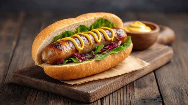 Delicious sausage in a fresh bun with mustard, lettuce, and red cabbage on a wooden table with a bowl of creamy condiment in soft lighting