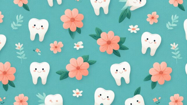 Cute dental pattern with smiling teeth and colorful flowers on a vibrant teal background for playful and child-friendly designs and projects