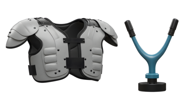 SPORT - American football shoulder pads and helmet faceguard isolated on white background, protective sports equipment for football players - Powered by Adobe