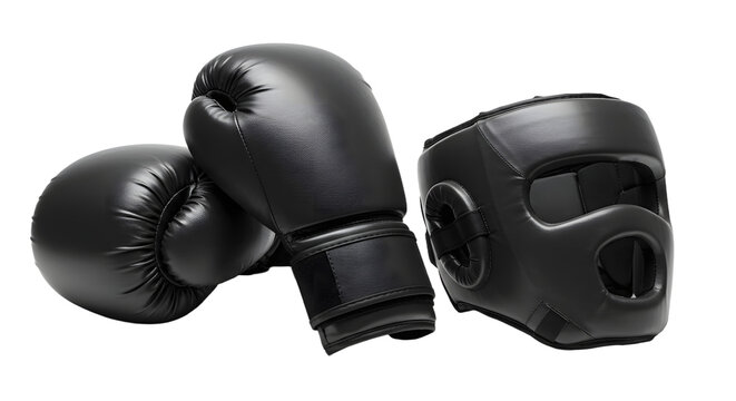 SPORT - Black boxing gloves and protective headgear isolated on white background, perfect for boxing training and martial arts practice - Powered by Adobe