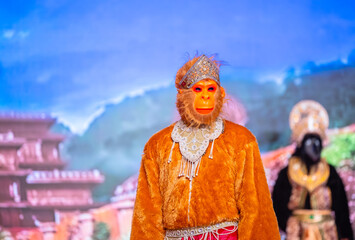 Portrait of a male artist playing character of holy book of ramayana in ramlila during the dussehra...