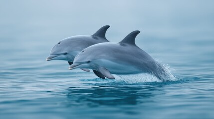 Naklejka premium Graceful dolphins jumping through turquoise water, creating splashes with their streamlined bodies, showcasing nature's elegance and beauty in serene marine environment.