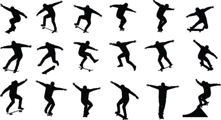 Silhouettes of skateboarders performing tricks and jumps, street style skateboarding, urban sport action, freestyle movement, skate park performance