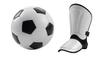 SPORT - Black and white classic soccer ball with white shin guard isolated on white background, perfect for sports and football related designs