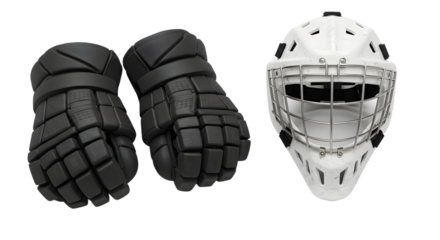 SPORT - Black hockey gloves and white goalie helmet isolated on white background, perfect for sports and hockey-related projects