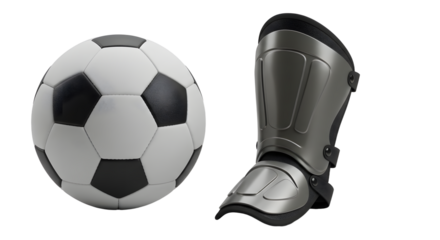 SPORT - Black and white soccer ball with gray shin guard isolated on white background, perfect for sports and football themed projects