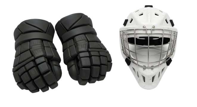 SPORT - Black hockey gloves and white goalie helmet isolated on white background, perfect for sports and hockey-related projects