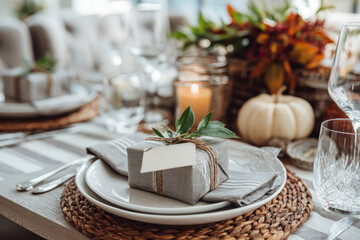 Fototapeta premium Elegant autumn table setting with pumpkins, candles, and gift boxes on rustic wood. Cozy fall celebration or Thanksgiving dinner concept