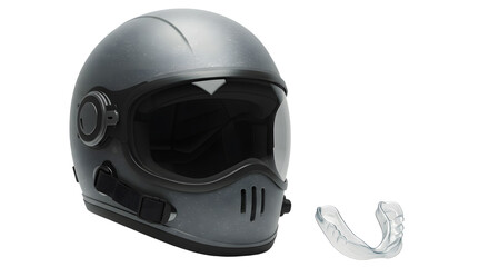 Fototapeta premium SPORT - Black motorcycle helmet with dark visor and clear mouth guard isolated on white background, protective gear for riding