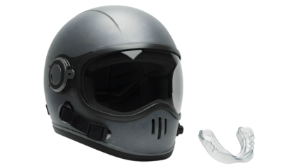 SPORT - Black motorcycle helmet with dark visor and clear mouth guard isolated on white background, protective gear for riding